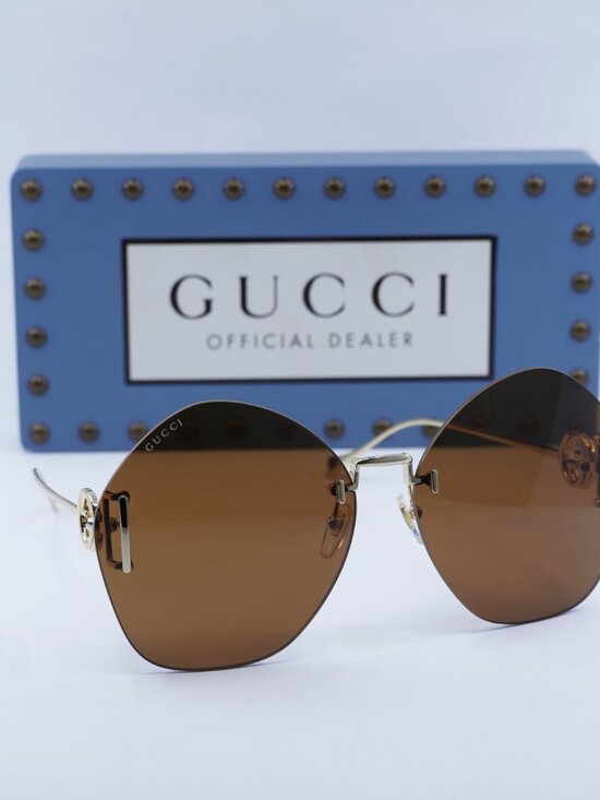 Gucci GG1203S 003 Round Sunglasses - Gold /Brown with Gold Chain
